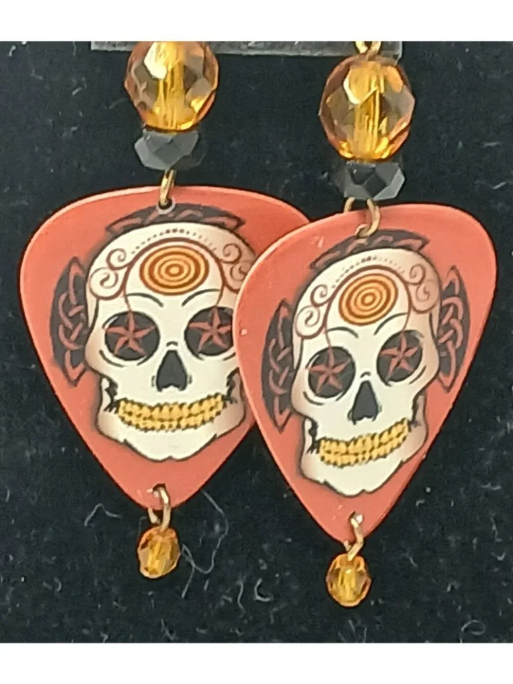 Sugar Skull Guitar Pick Earrings Dangle W/ Beads Halloween Orange Artisan #J-G